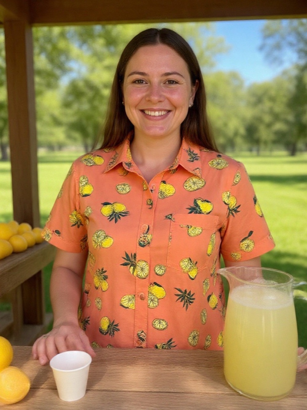 Hurley Coral Short-Sleeve Button-Up Shirt with Yellow Citrus Print Lemons